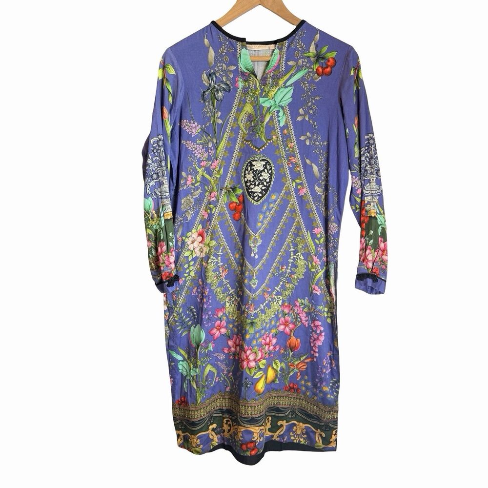 Ammara Khan Tunic Top Women's Small Blue Graphic Print Pakistani Made Designer